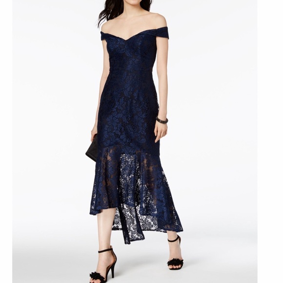 sxcape Dresses & Skirts - XSCAPE Dress Size 4 Black Allover Lace Off The Shoulder Midi Hi-Low